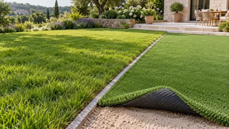 Gazon naturel et gazon synthétique posés côte à côte dans un jardin