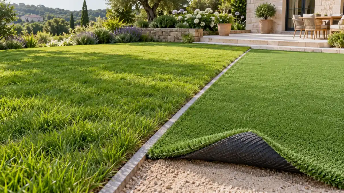 Gazon naturel et gazon synthétique posés côte à côte dans un jardin